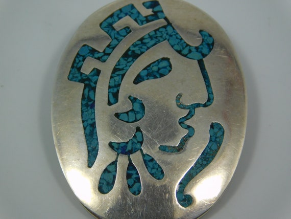 Mexican Taxco Turquoise Warrior Face Brooch / Pen… - image 3