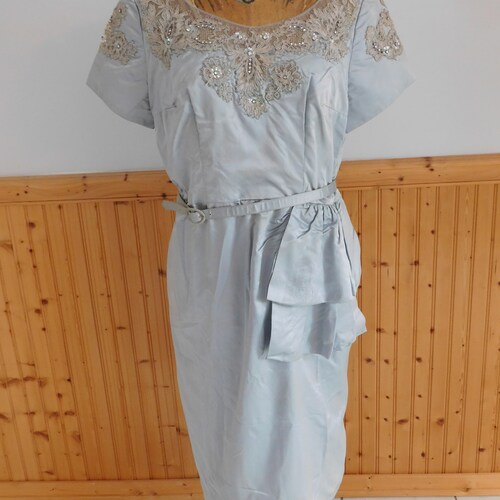 1960's Blue shops Satin Beaded Fashion Dress