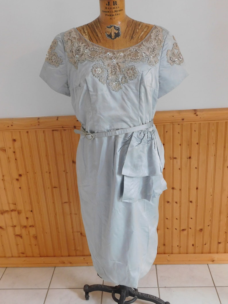 1960's Blue shops Satin Beaded Fashion Dress