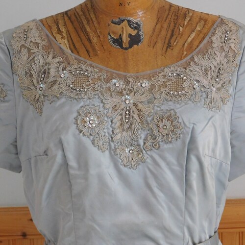 1960's Blue shops Satin Beaded Fashion Dress
