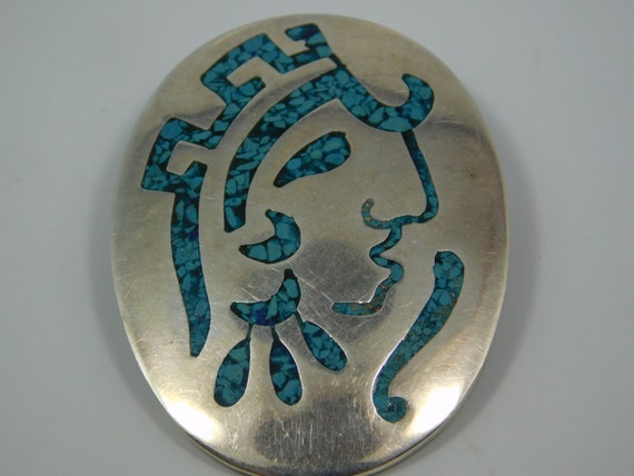 Mexican Taxco Turquoise Warrior Face Brooch / Pen… - image 1