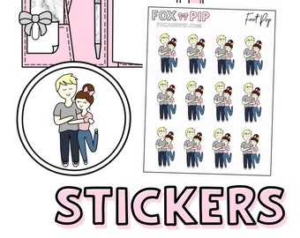 May include: A set of 12 stickers featuring a couple hugging. The stickers are on a white background with the text "Foot Pop" and "FOX and PIP" in pink. The stickers are designed to be used in a planner or journal.