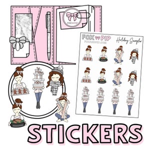 May include: A pink planner and sticker sheet with festive illustrations. The stickers depict cartoon women with gifts, turkeys, and gingerbread. The planner includes a pen, a bow, and a marble-effect pocket. The word "STICKERS" is at the bottom of the image.
