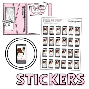 Peut inclure: Une feuille d'autocollants illustrant des personnes en visioconférence. Les autocollants sont dessinés dans un style cartoon et présentent une palette de couleurs rose et noire. Le texte "FaceTime Friends" est imprimé en haut de la feuille. Le texte "FOX PIP" est imprimé en haut de la feuille.