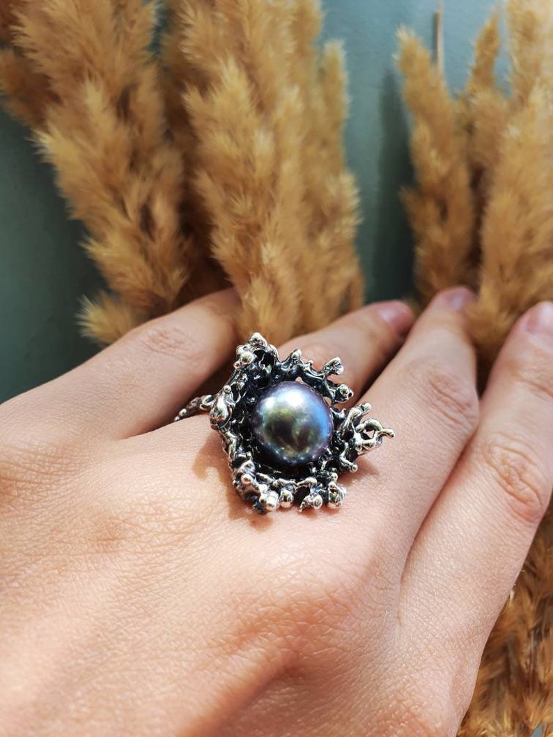 Dark pear massive ring Coral pearl cocktail ring Contemporary ring Statement jewelry Avant-garde jewelry Sterling silver Nature shape