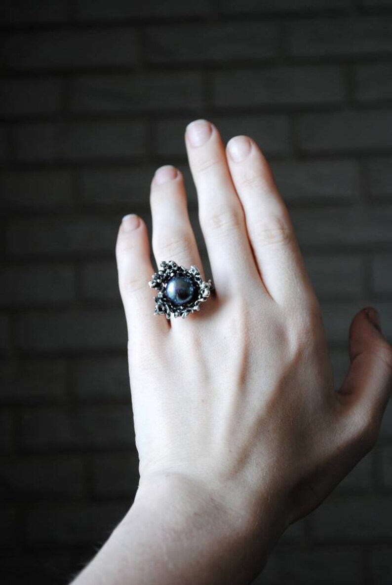 Dark pear massive ring Coral pearl cocktail ring Contemporary ring Statement jewelry Avant-garde jewelry Sterling silver Nature shape