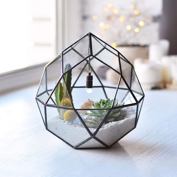 Stained glass geometric planter Succulent terrarium with LED light Air plant holder