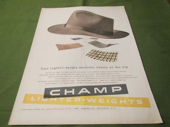 1954 CHAMP Mens Light Weight Hat ** Magazine Ad. - Etsy display picture 3