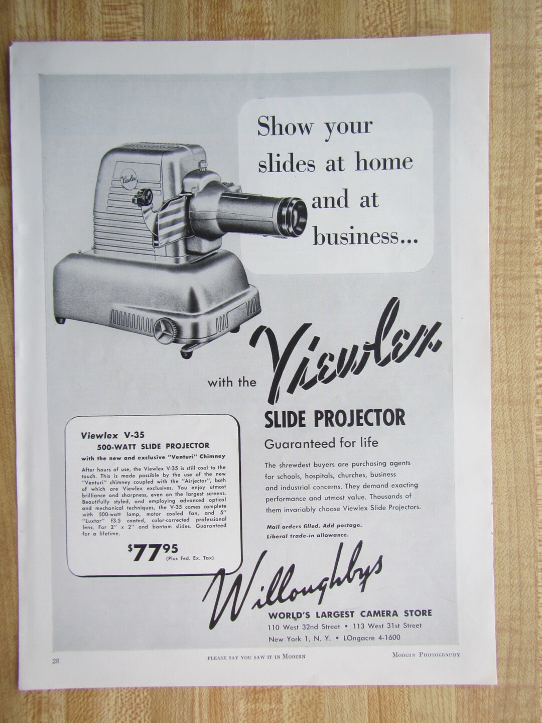 1953 VIEWLEX V35 SLIDE PROJECTOR Magazine Ad 500watt With Venturi