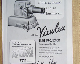 1953 VIEWLEX V-35 SLIDE PROJECTOR magazine ad ; 500-watt with venturi chimney , photography advertisement