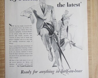 1938 AUSTIN REED  Men's Tailoring  with CASTLE Grim Tours Czechoslovakia ad on back of magazine ad.