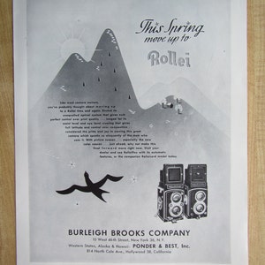 1953 ROLLEI FLEX and the Rollei Cord CAMERAS magazine ad ; Burleigh Brooks Company, photography advertisement