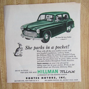 2 vintage  1952 HILLMAN MINX - ROOTES Motors Inc. magazine ad : with Columbus Shock Absorbers  advertisement