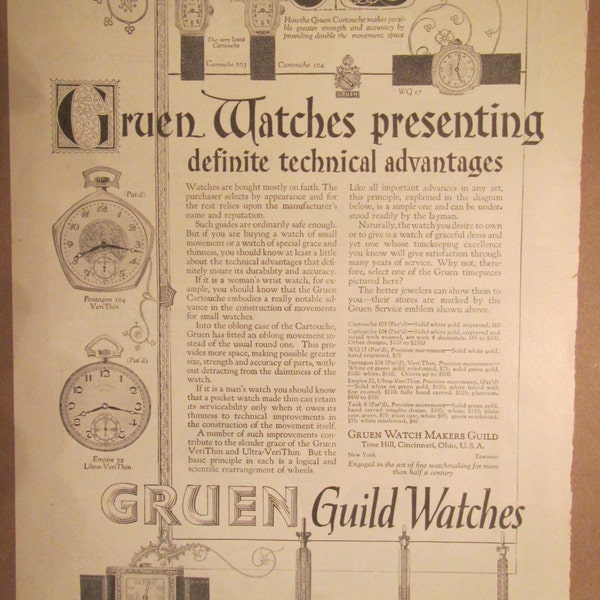 1925 GRUEN GUILD WATCHES Ad  with Addressograph machine ad on back *** magazine ad.