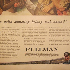 1944 PULLMAN PASSENGER TRAINS Ad  with Kentucky Tavern Bourbon Whiskey on back of magazine ad.
