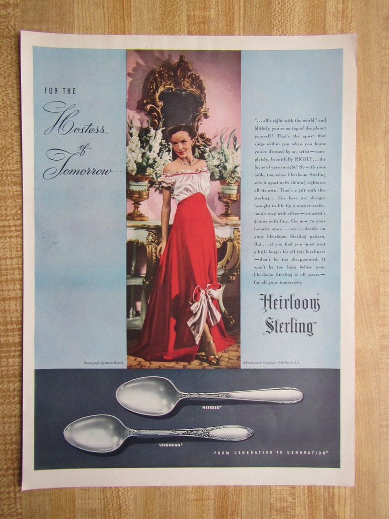 1946 HEIRLOOM STERLING SILVERWARE ad and Balzac enjoyable drinks ad on back magazine ad. image 1