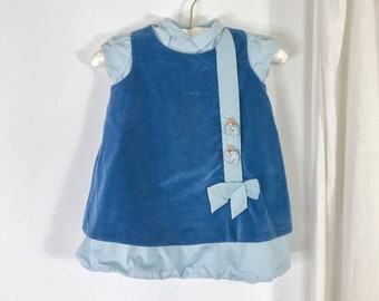 60/70s VINTAGE Baby Girl Blue Velvet Dress Vestido para niños pequeños