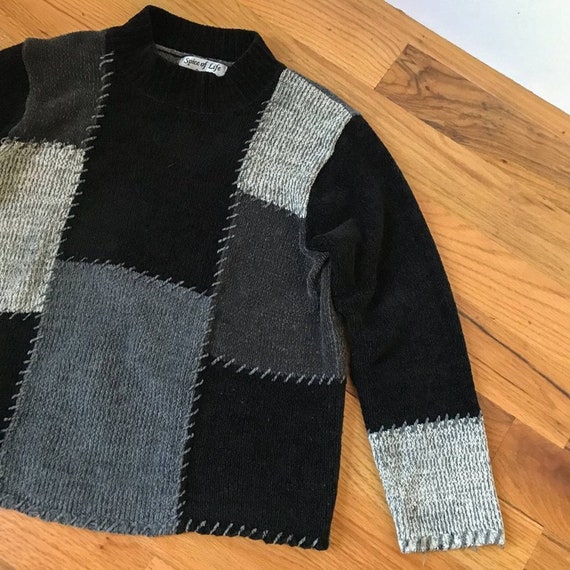 90s Vintage Chenille Patchwork Black Sweater Mock