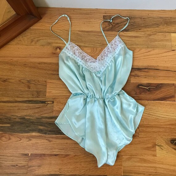 Vintage Aqua Lace Trim Playsuit Romper Lingerie