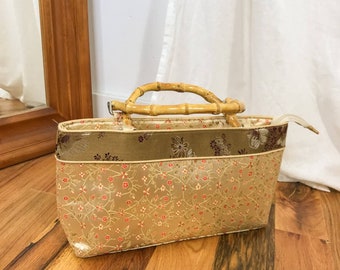 90s Y2K Vintage bamboo handle satin oriental floral handbag