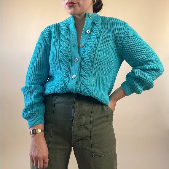 turquoise cardigan sweater