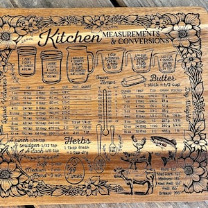May include: Wooden kitchen cutting board with engraved measurements and conversions. Includes liquid volumes, oven temperatures, and dry weights. Features floral border, egg timer, and herb measurements.