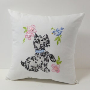 Hand Embroidered Nursery Pillow with Scottie Puppy, Scottie Lover&#39;s Gift, Vintage Baby Gift,  Dog Lover&#39;s Baby Gift