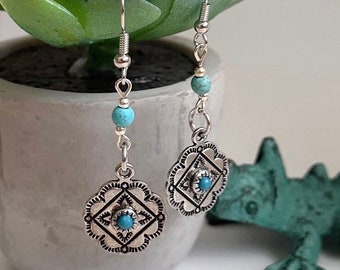 Silver Western Floral Boho Earrings - Turquoise Country Western Jewelry - Concho Dangle Earrings