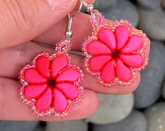 Coral Boho Czech Glass Flower Earrings - Beadwork Jewelry - Floral Earrings