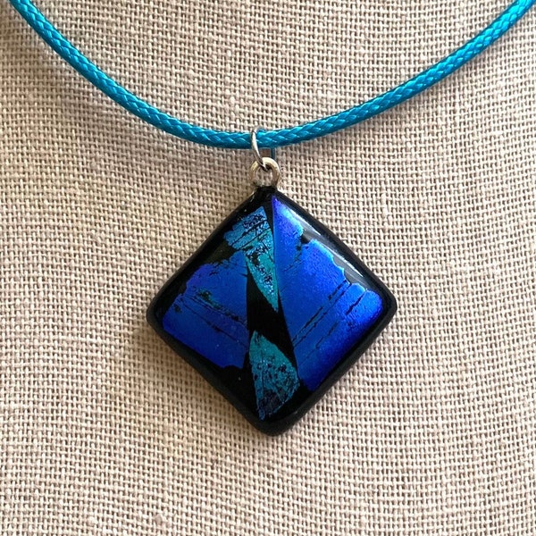 Blue Dichroic Square Glass Pendant - Mosaic Necklace - Fused Glass Jewelry - Handmade Wearable Art