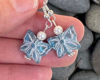 Blue Butterfly Pearl Earrings - Czech Glass Jewelry - Dainty Earrings