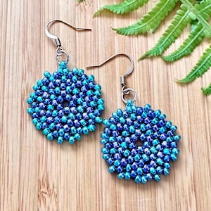 Blue Boho Seed Bead Earrings - Mandala Disc Earrings - Beadwork Jewelry