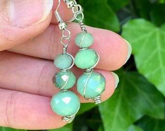 Mint Green Crystal Earrings - Wire-wrapped Earrings - Spring Summer Jewelry