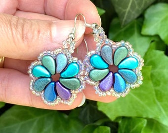 Blue Flower Boho Earrings - Beadwork Earrings - Czech Glass Earrings - Floral Jewelry