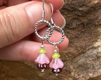 Pink Czech Glass Flower Hoop Earrings for Woman - Floral Jewelry - Handmade Gift for Mom