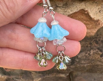 Blue Czech Glass Flower Silver Dangle Earrings - Spring Summer Jewelry - Handmade Birthday Gift