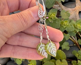 Czech Glass Leaf Dangle Earrings for Woman - Spring Summer Jewelry - Mother’s Day Gift for Her