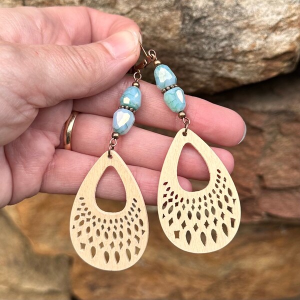 Wood Teardrop Copper Lever Back Earrings - Boho Summer Statement Jewelry - Birthday Gift for Sister