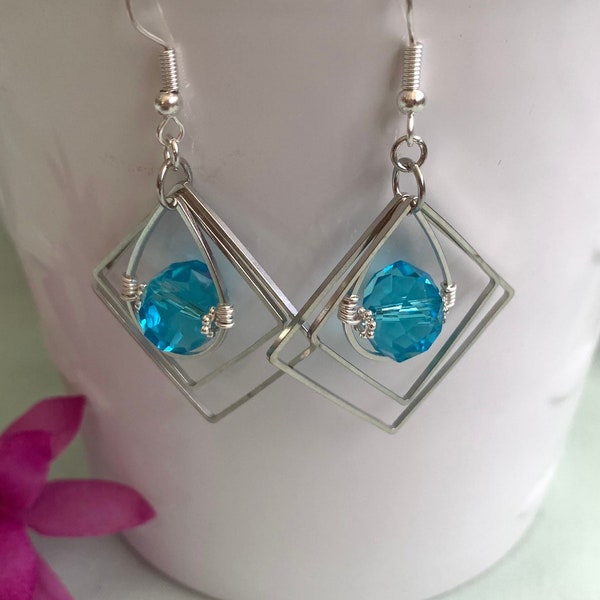 Aquamarine Crystal Teardrop Hoop Earrings - Unique Boho Jewelry - Silver Gemstone Statement Earrings