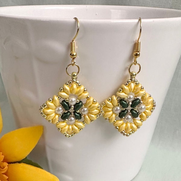 Beaded Sunflower Boho Earrings - Floral Beadwork Jewelry - Handmade Mother's Day Gift