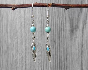 Turquoise Feather Earrings - Western Feather Earrings - Boho Feather Earrings - Feather Dangle Earrings - Silver Feather Earrings
