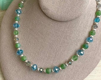 Aquamarine Crystal Beaded Necklace - Beach Jewelry - Summer Jewelry