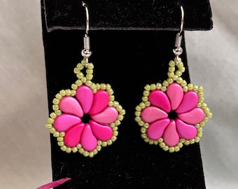 Czech Glass Pink Flower Earrings - Eclectic Jewelry - Beadwork Jewelry - Mother's Day
