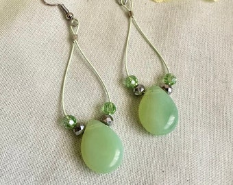 Czech Glass Wire Teardrop Earrings - Peridot Green Dangle Earrings - Handmade Jewelry