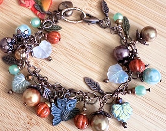 Copper Czech Glass Beaded Autumn Leaf Charm Bracelet - Rustic Woodland Statement Jewelry - Unique Handmade Gift for Her