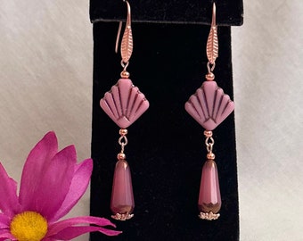 Rose Gold Art Deco Teardrop Earrings - Czech Glass Jewelry - Feminine Earrings for Woman - Mother's Day Gift for Her