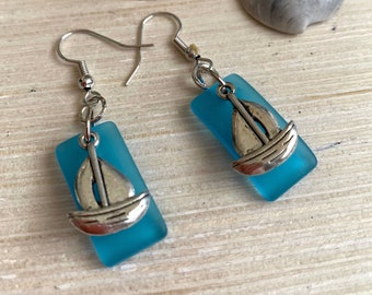 Blue Sailboat Charm Earrings - Sea Glass Jewelry - Nautical Jewelry