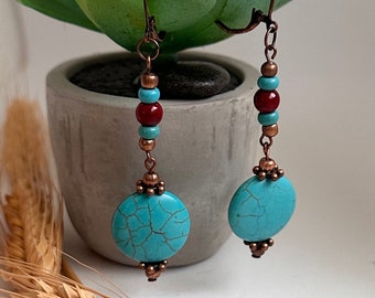 Western Turquoise Copper Long Dangle Earrings - Cowgirl Rustic Country Wedding - Handmade Gift for Sister