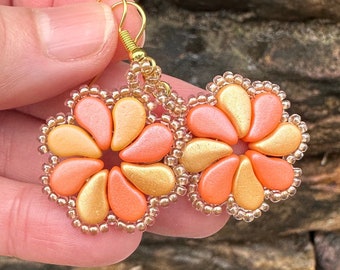 Gold Czech Glass Flower Dangle Earrings - Floral Beadwork Jewelry - Spring Summer - Handmade Gift for Mom