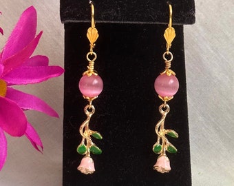 Pink Rose Flower Dangle Earrings - Spring Summer Floral Jewelry - Cat's Eye Dangle Earrings